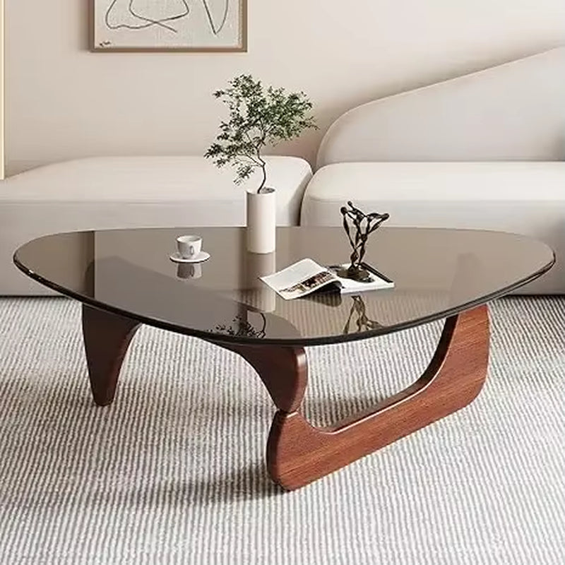 Coffee Tables for Living Room - Triangle Glass Coffee Table with Wooden Base Mid-Century Modern Abstract End Table