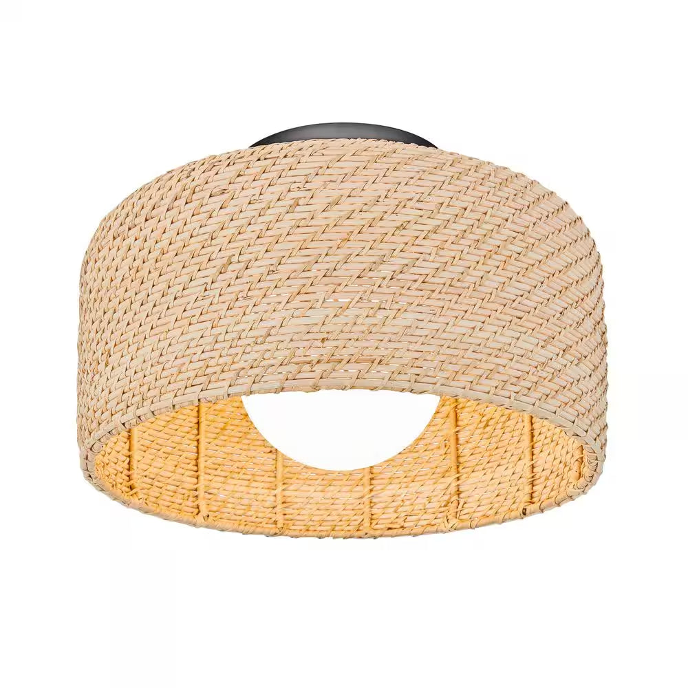 Emiko 15 In. 1 Light Black and Rattan 5CCT Integrated Selectable LED Flush Mount Ceiling Light
