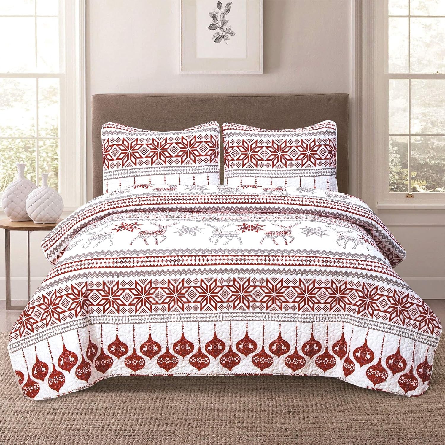 Winter Holiday Full/Queen Lightweight Quilt Bedding Set Fair Isle Red Grey White Christmas Ornament Reindeer
