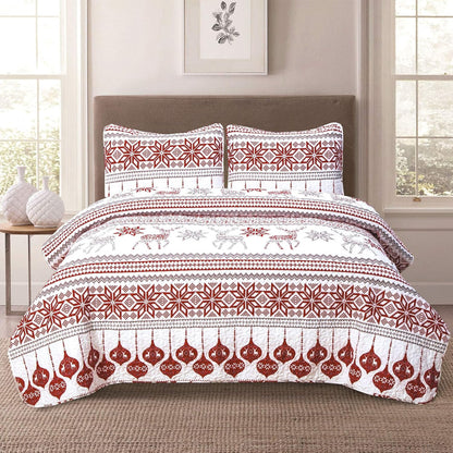 Winter Holiday Full/Queen Lightweight Quilt Bedding Set Fair Isle Red Grey White Christmas Ornament Reindeer