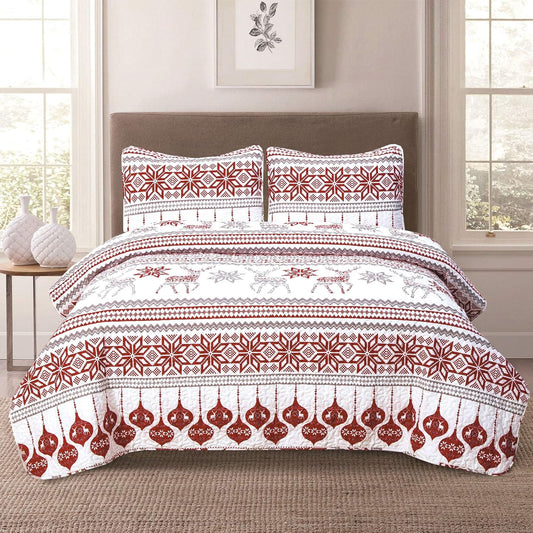 Winter Holiday Full/Queen Lightweight Quilt Bedding Set Fair Isle Red Grey White Christmas Ornament Reindeer