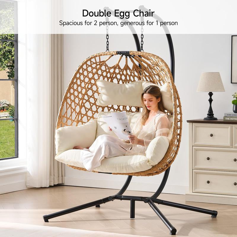 ONBRILL Double Hanging Egg Chair with Stand, Bohemian Knot Style Hammock Swing Chair, Foldable Basket & Denser Weaves, 650 Lbs Capacity Loveseat with UV Resistant Cushion for Patio, Backyard【Holidayhaul】