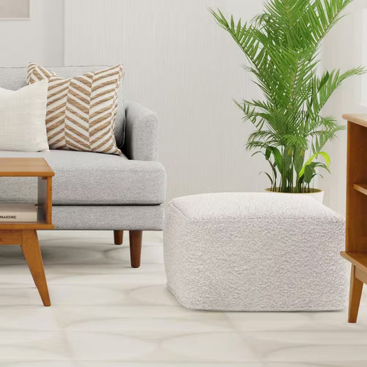 Chantal Contemporary Square Pouf in Ivory Boucle
