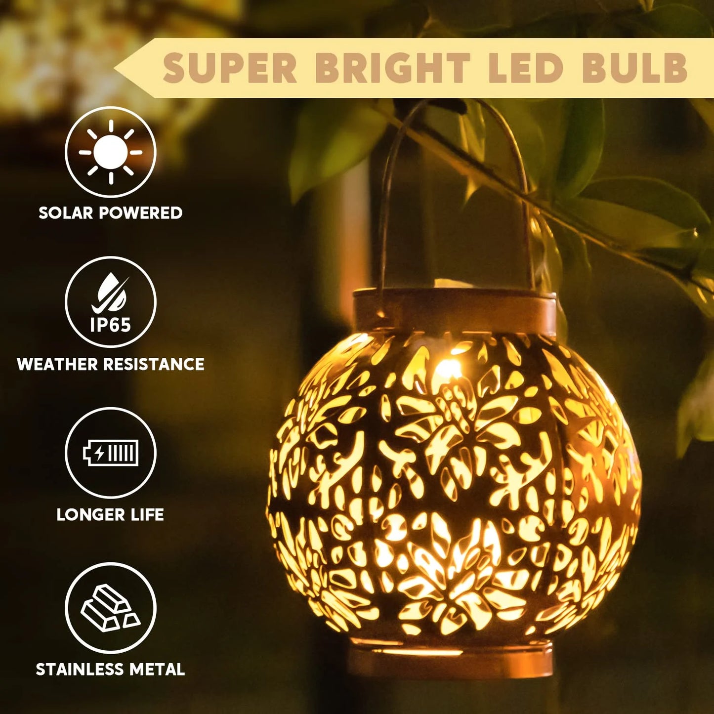 (2 Pack)  2 Pack Bronze Solar Outdoor Hanging Lanterns, Moroccan Lanterns, Metal Decorative Garden Lights