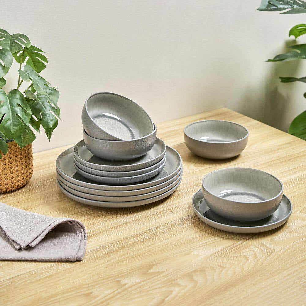 Asher Gray 12-Piece Stoneware Dinnerware Set, Round, Microwave and Dishwasher Safe