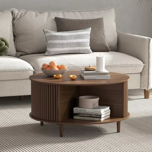 Round Coffee Table with Storage,Mid Century Modern Coffee Table with Sliding Cabinet Door,Coffee Tables,31.5" Small Center Table