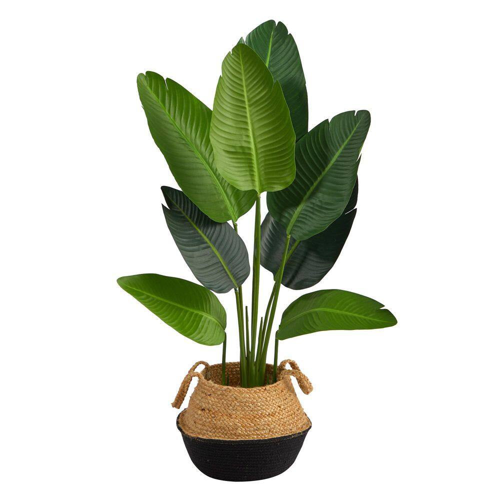 4 Ft. Green Travelers Palm Artificial Tree in Boho Chic Handmade Cotton & Jute Black Woven Planter