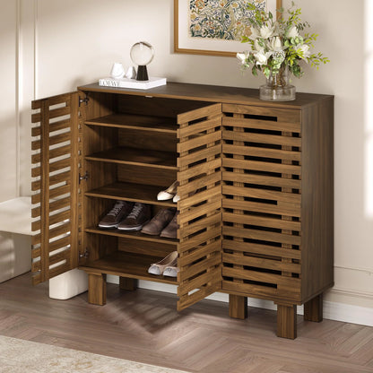 47" Wide Shoe Cabinet with Drawers and Adjustable Shelves, Entryway Shoe Storage Organizer with Louvered Doors, Japandi Brutalist Walnut Grid Design, Fits 20–24 Pairs