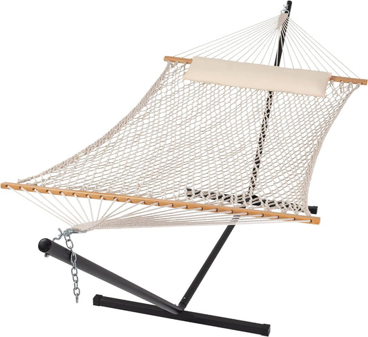 Double Outdoor Hammock with Stand Included, Portable Cotton Rope 2 Person Hammock for Outdoor, Patio, Garden, Backyard, Beige