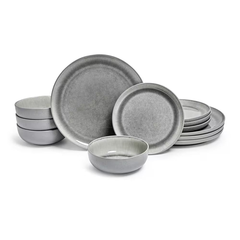 Asher Gray 12-Piece Stoneware Dinnerware Set, Round, Microwave and Dishwasher Safe