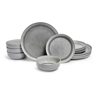 Asher Gray 12-Piece Stoneware Dinnerware Set, Round, Microwave and Dishwasher Safe