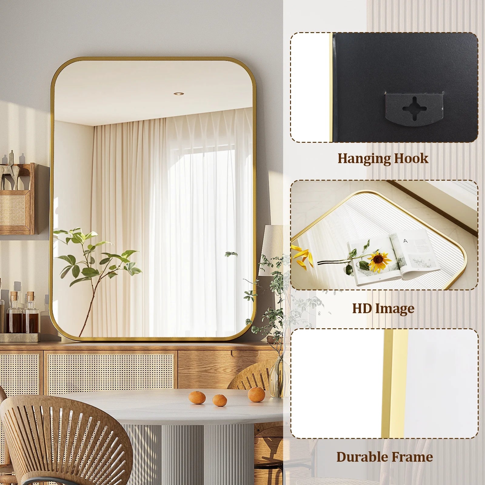 38"X26" Rectangular Bathroom Mirror Round-Edged Wall Mounted Mirror with Aluminum Alloy Frame, Gold