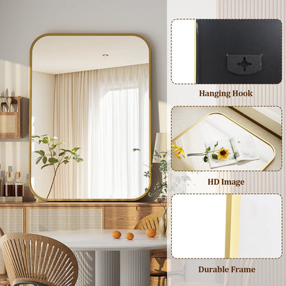 38"X26" Rectangular Bathroom Mirror Round-Edged Wall Mounted Mirror with Aluminum Alloy Frame, Gold
