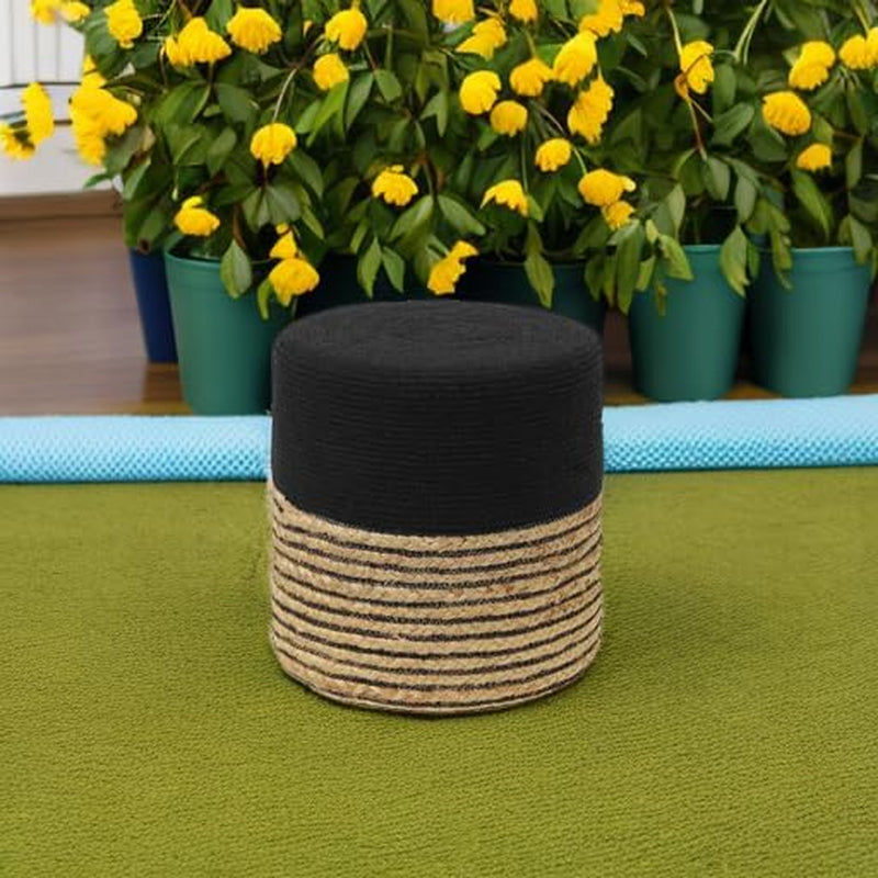 · Cylindrical Pouf Ottoman - Braided Pouffe Accent Sitting round Footrest for Living Room, Bedroom, Nursery, Kidsroom, Patio, Gym; 70% Cotton 30% Jute, (14.5X14.5X16; Black Natural)