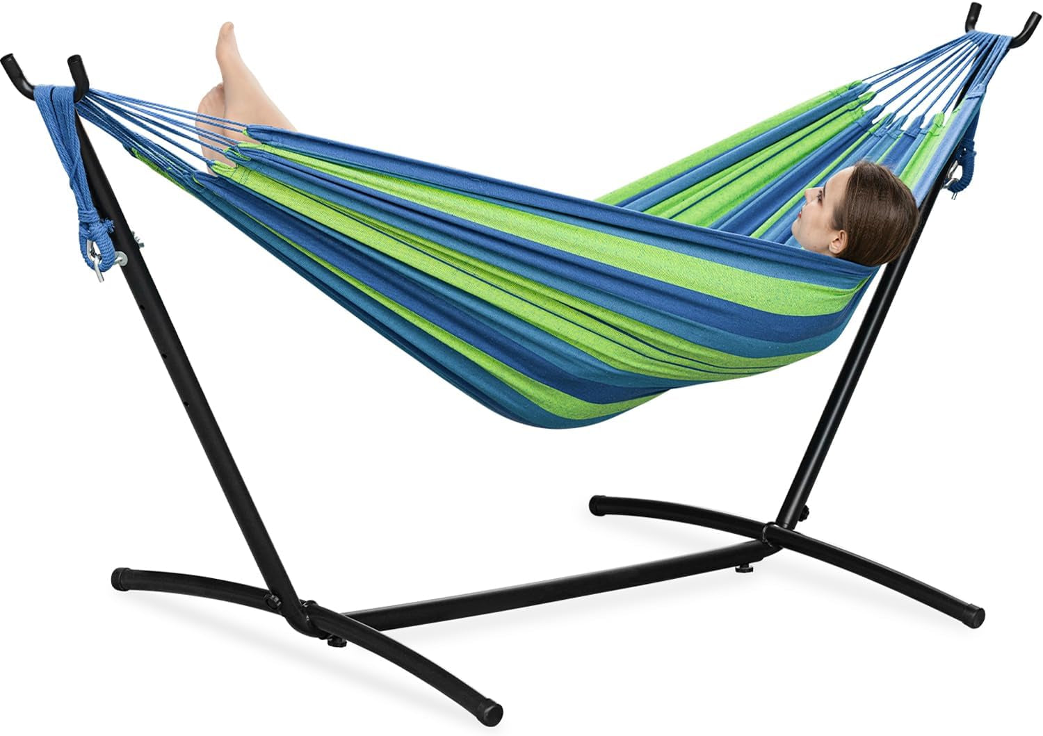 Double Hammocks with Stand for Outside, Portable Space Saving Heavy-Duty Steel Stand for Indoor Outdoor Patio with Sidebag, 450 Lbs Capacity (Blue)