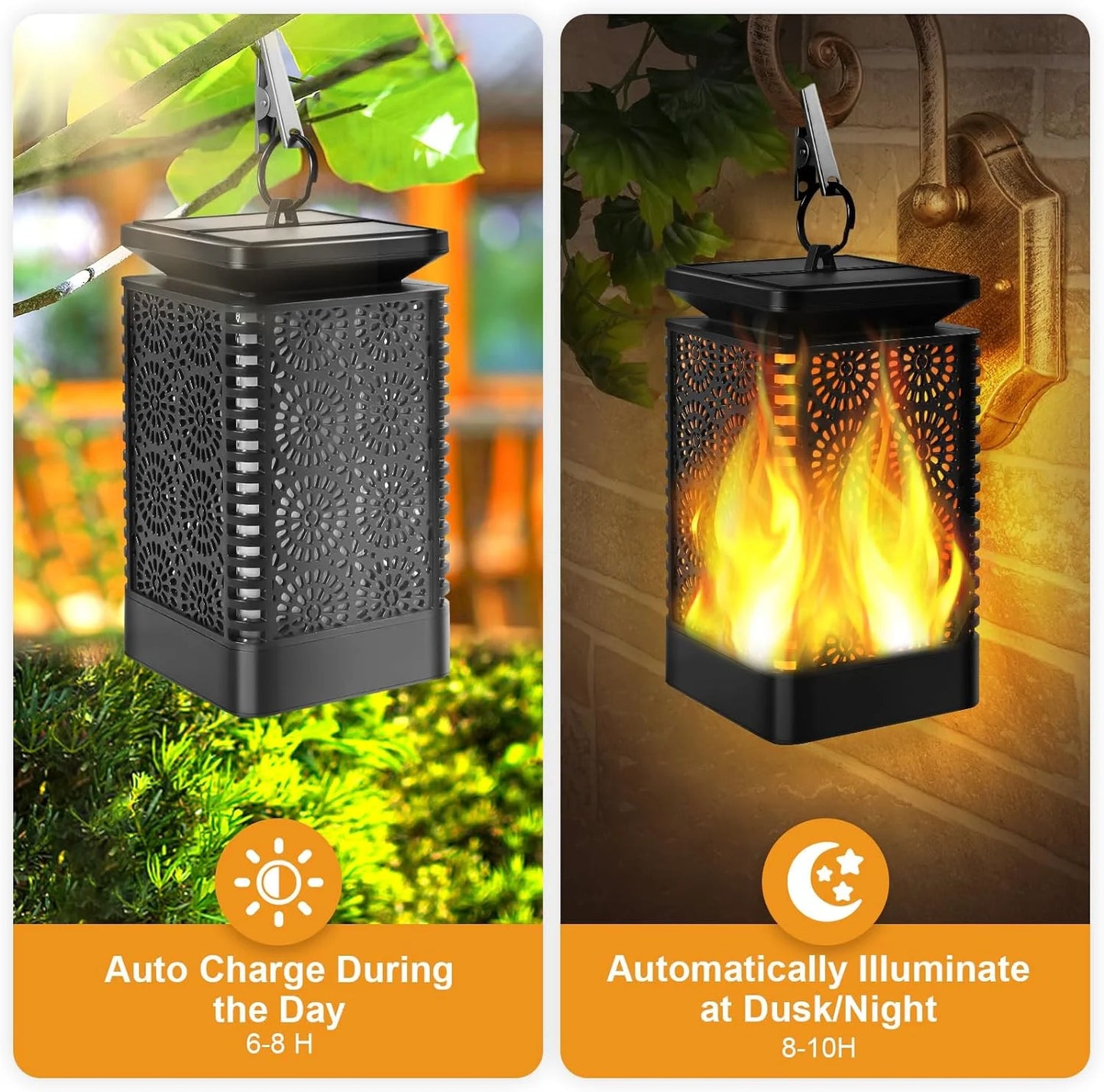 Solar Lights Outdoor, Solar Lantern Flickering Flame Outdoor Waterproof Hanging Lanterns Decorative, Solar Powered Outdoor Lighting LED Christmas Lights for Patio Deck Yard, 2 Pack