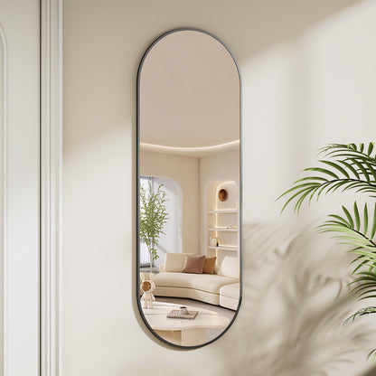 48" X 16" Full Length Mirror Oval Hanging Wall Mirror with Leather Strap,Black