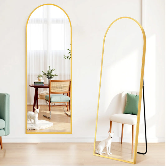Arched Full Length Mirror with Stand, 64"X21" Floor Mirror with Aluminum Alloy, Tempered Glass Full Body Mirror, Free Standing or Wall-Mounted or Door Mirror for Living Room, Gold