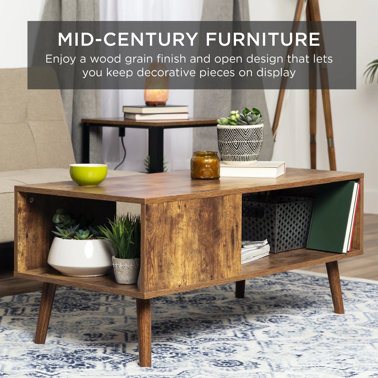 Wooden Mid-Century Modern Coffee Accent Table Furniture W/ Open Storage Shelf - Brown
