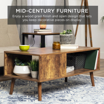 Wooden Mid-Century Modern Coffee Accent Table Furniture W/ Open Storage Shelf - Brown