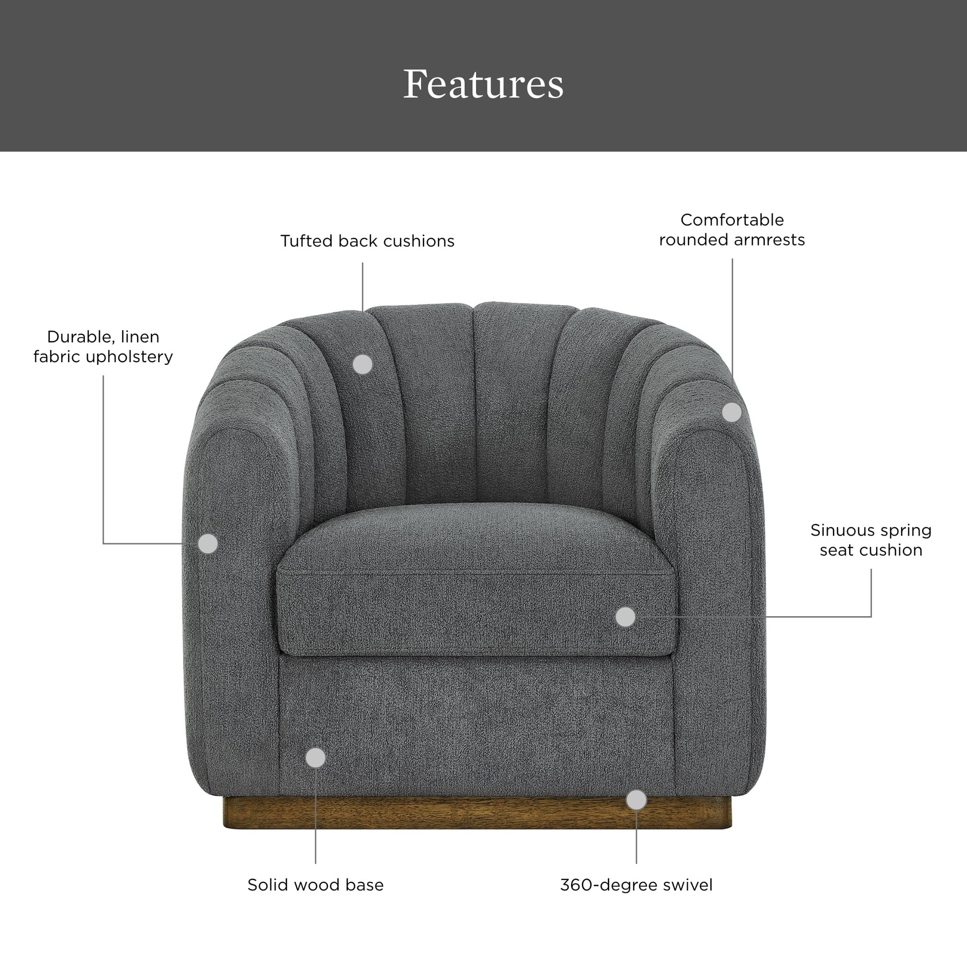 Lillian Accent Swivel Chair, Charcoal Boucle