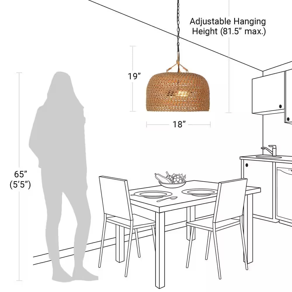 Summerpoint 120-Watt 2-Light Black Shaded Pendant Light with Natural Woven Shade, No Bulbs Included
