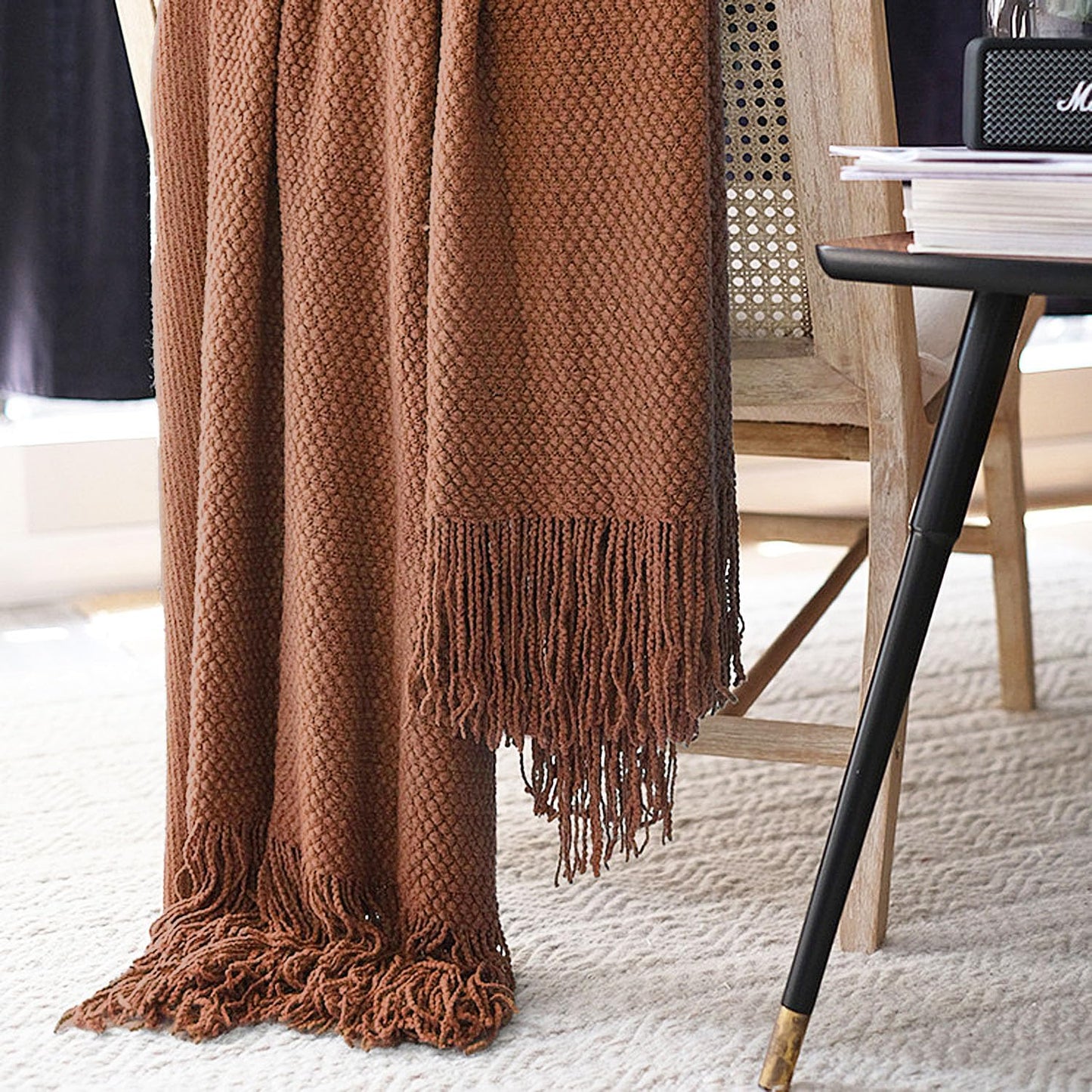 Knitted Throw Blanket with Tassels Bubble Textured Lightweight Throws for Couch Cover Home Decor (Caramel, 60X80)