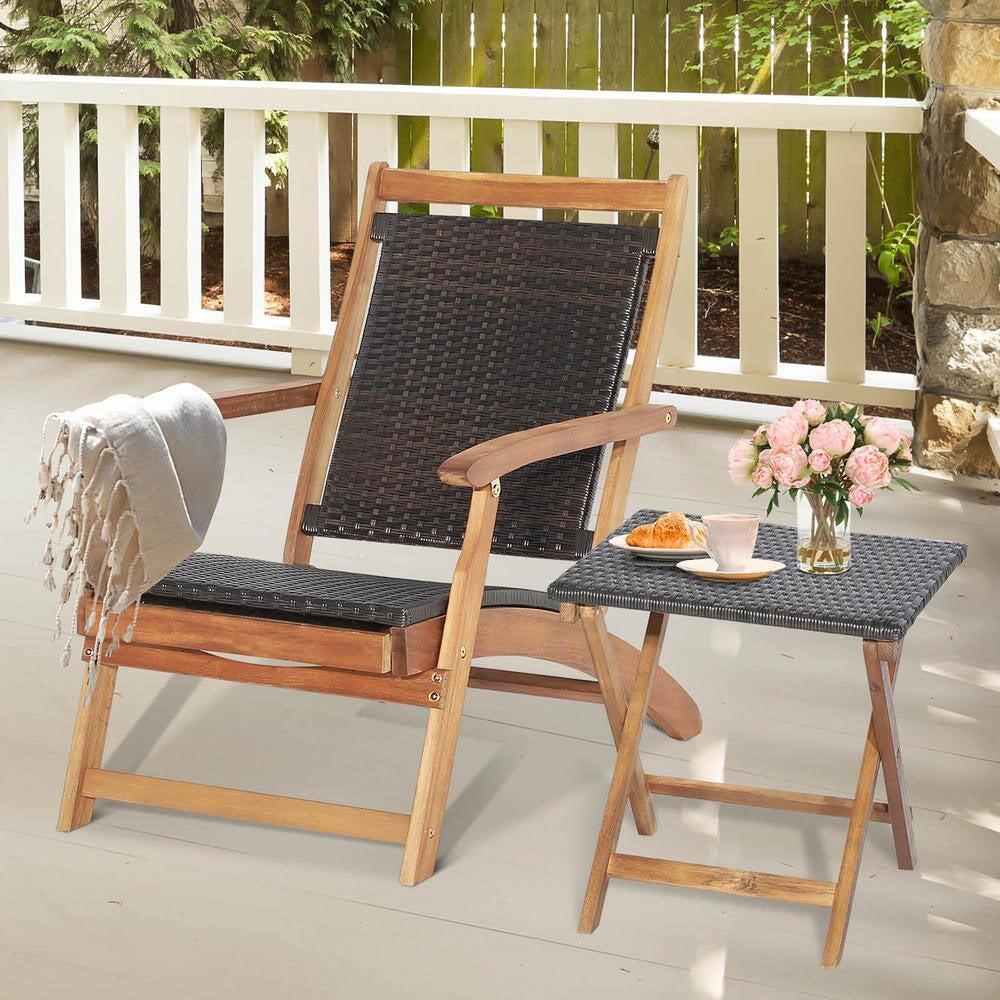 4-Piece Wicker Patio Conversation Set Rattan Folding Lounge Chair Table with Retractable Footrest