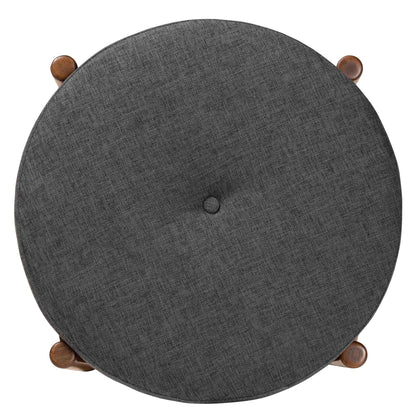 Iliana Japandi Dark Grey Fabric and Walnut Brown Finished Wood Ottoman Footstool
