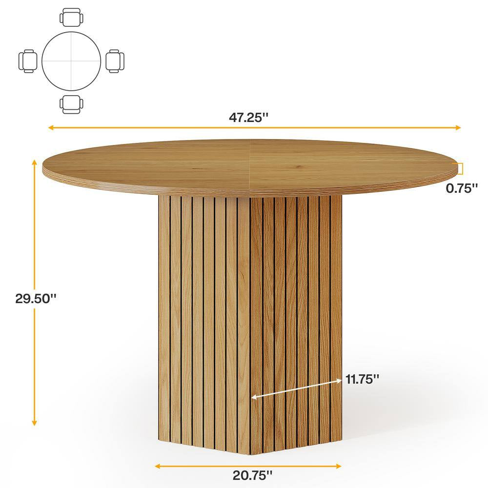 Roesler 47 In. Brown Wood round Dining Table, Pedestal Dining Table for Living Room, Dining Room, Seats 4