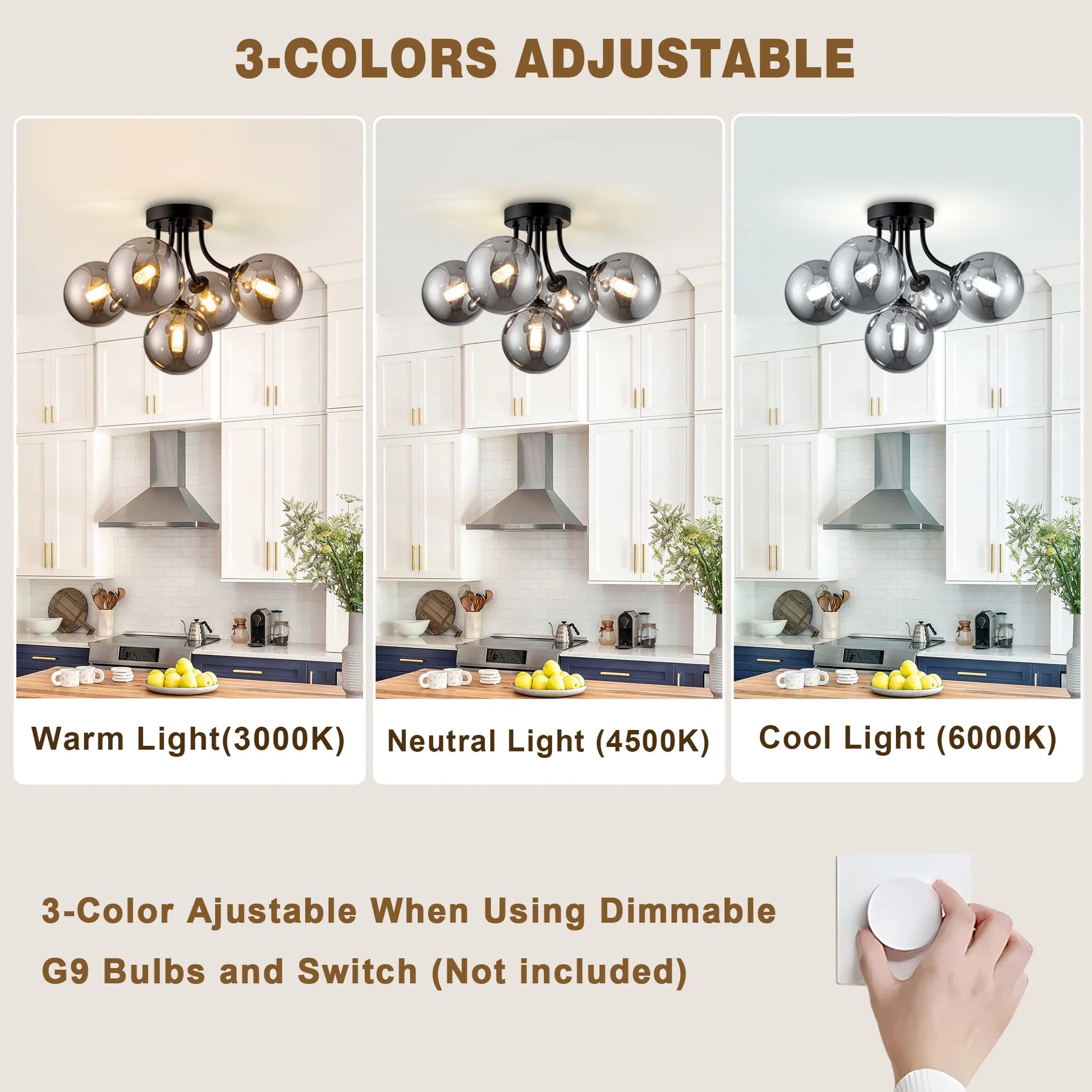Modern Ceiling Light 5-Light Sputnik Ceiling Light Fixture with Smoke Grey Glass Globe Semi Flush Mount Ceiling Light for Hallway Kitchen Bathroom Black 15 Inch