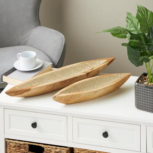 Brown Handmade Teak Wood Carved Boat Decorative Tray with Woven Palm Leaf Interior Set of 2