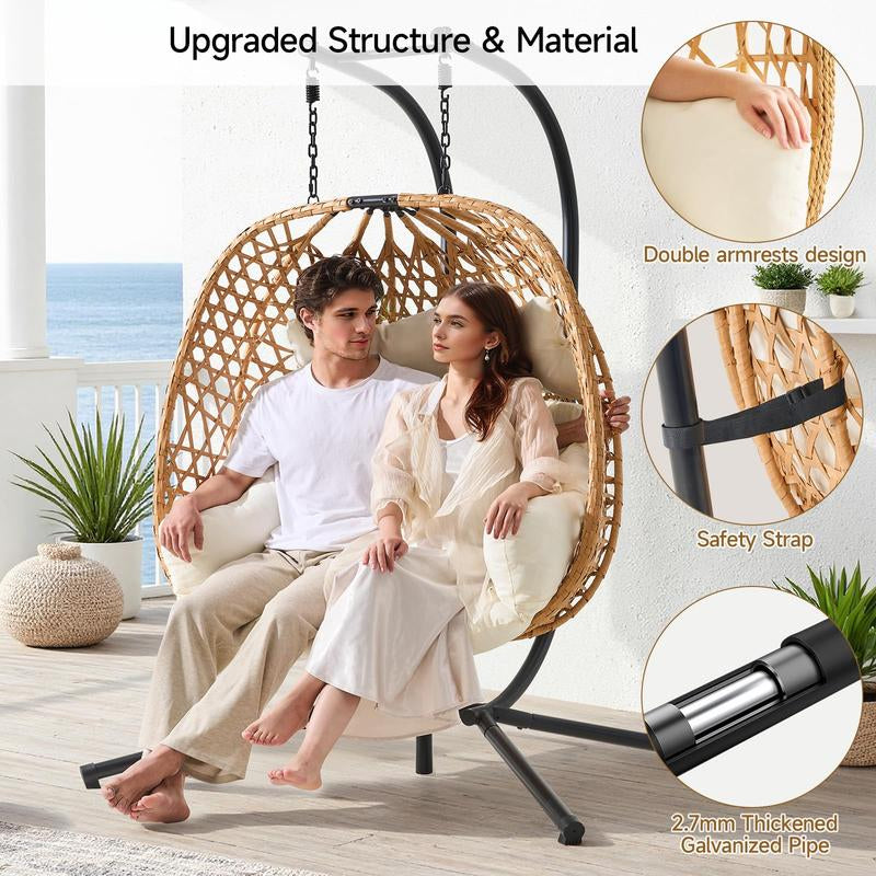 ONBRILL Double Hanging Egg Chair with Stand, Bohemian Knot Style Hammock Swing Chair, Foldable Basket & Denser Weaves, 650 Lbs Capacity Loveseat with UV Resistant Cushion for Patio, Backyard【Holidayhaul】