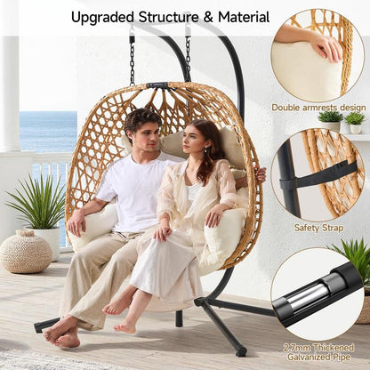 ONBRILL Double Hanging Egg Chair with Stand, Bohemian Knot Style Hammock Swing Chair, Foldable Basket & Denser Weaves, 650 Lbs Capacity Loveseat with UV Resistant Cushion for Patio, Backyard【Holidayhaul】