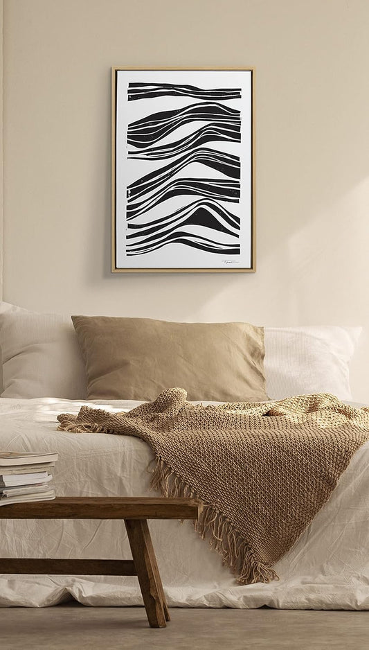 Sylvie Ocean Abstract Waves Framed Canvas Wall Art by Statement Goods, 23X33 Natural, Modern Minimalist Black Line Art Wall Décor