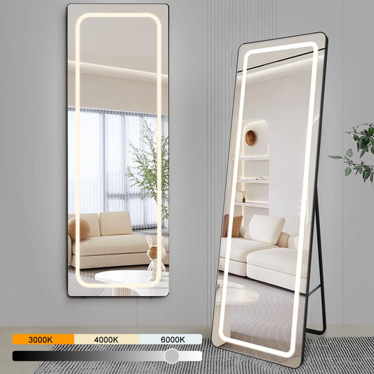 Full Length Wall Mounted Mirror Light, Rectangle Floor Mirrors for Leaning or Hanging Dressing Mirror for Bedroom Living Room, LED Floor Mirror