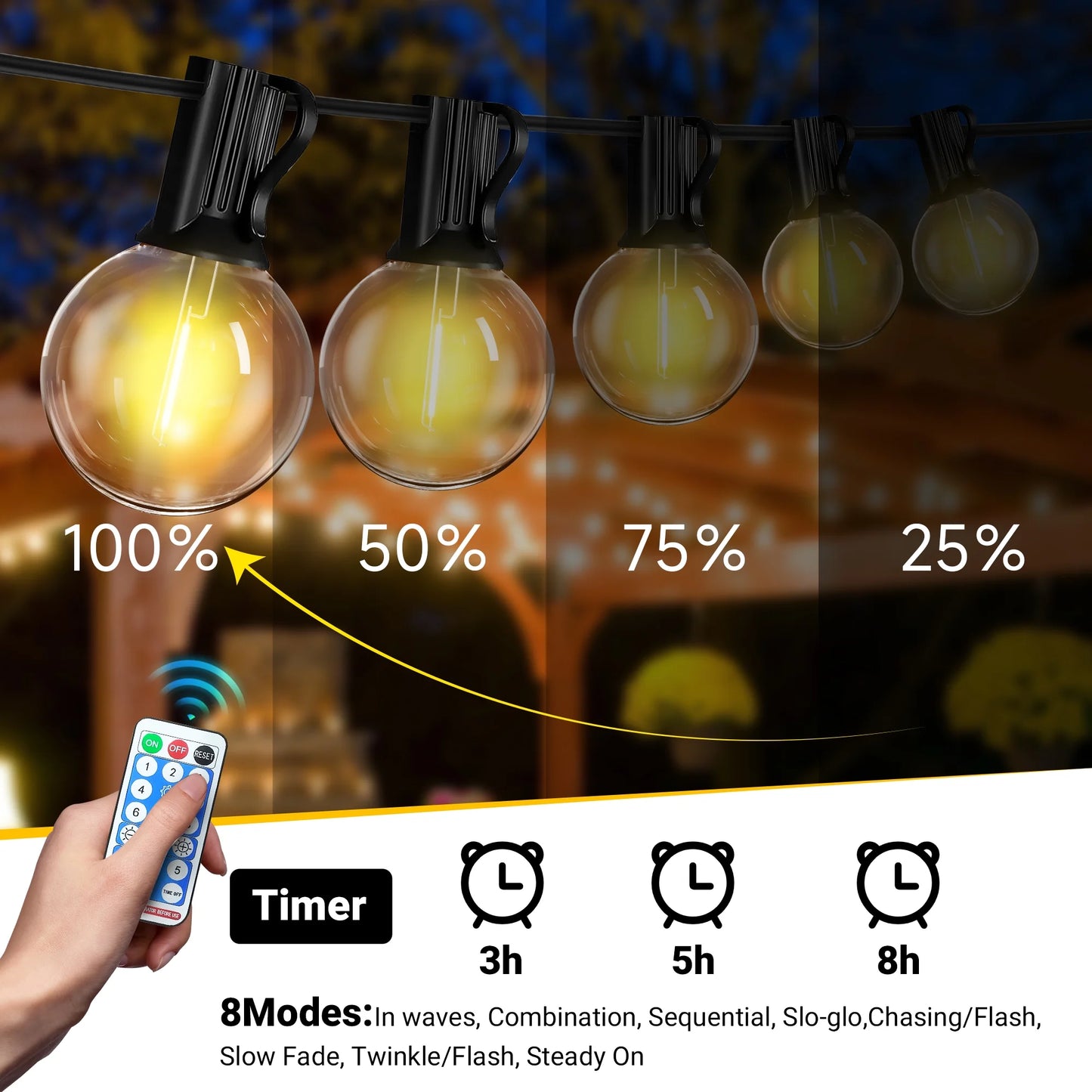 Solar Outdoor String Lights, 100Ft Waterproof Patio Lights with Remote, 50 LED Bulbs, 8 Lighting Modes, for Yard Outside