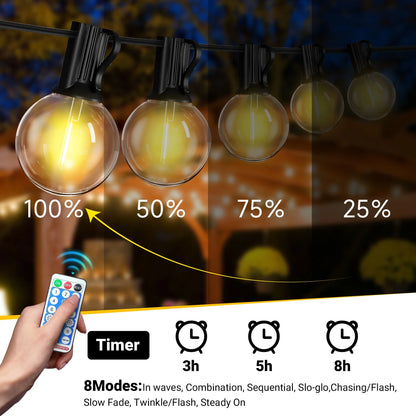 Solar Outdoor String Lights, 100Ft Waterproof Patio Lights with Remote, 50 LED Bulbs, 8 Lighting Modes, for Yard Outside