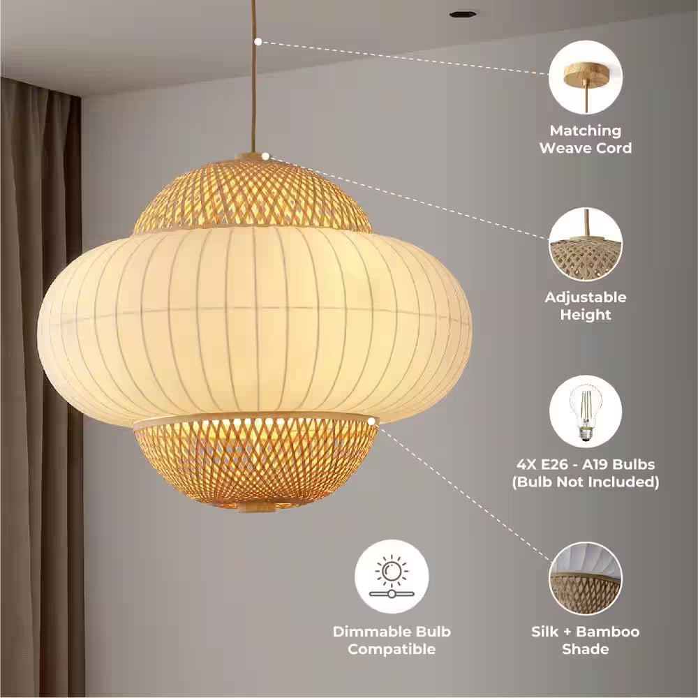 Hikari 60-Watt 4-Light Wood Grain and Natural Pendant Light with Woven Bamboo Shade and Bulb Not Included
