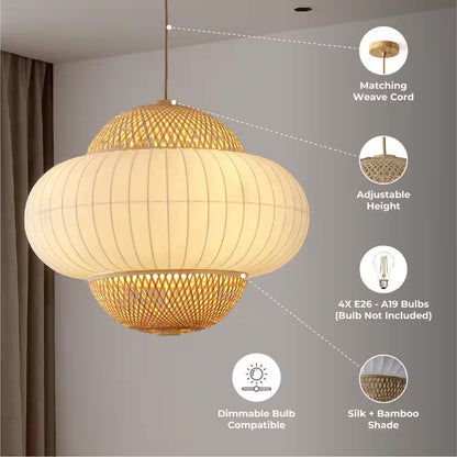 Hikari 60-Watt 4-Light Wood Grain and Natural Pendant Light with Woven Bamboo Shade and Bulb Not Included