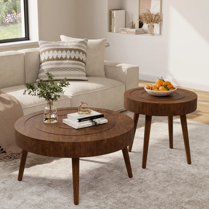 2-Piece Modern MDF Wood Nesting Coffee Table with Handcrafted Wood Ring Motif for Living Room