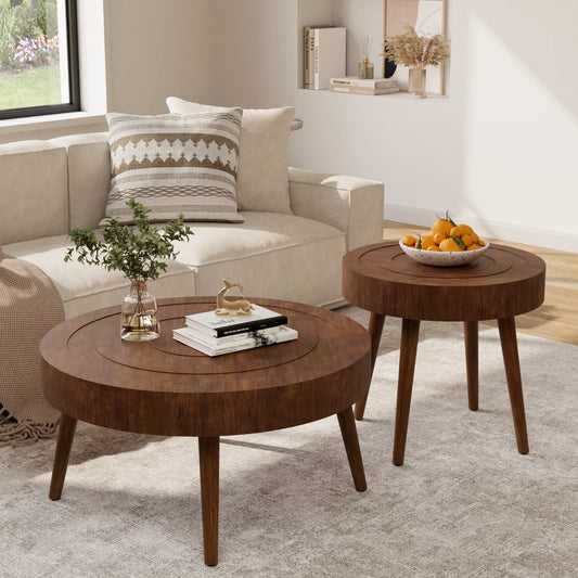 2-Piece Modern MDF Wood Nesting Coffee Table with Handcrafted Wood Ring Motif for Living Room