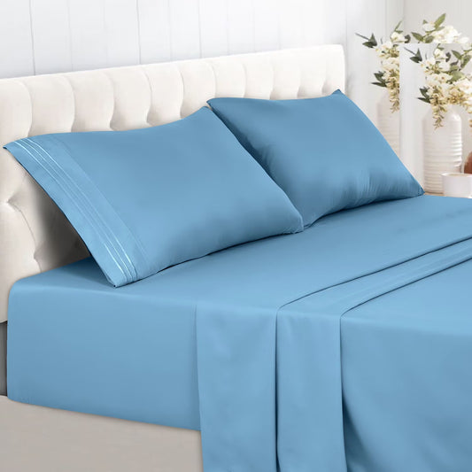 Microfiber Deep Pocket Bedroom Sheet Set - 4 Piece Twin Size Sheet Set & Pillowcases with 16" Deep Pocket Bed Sheet - Blue