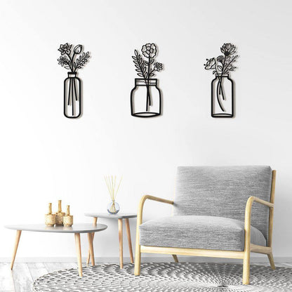 3 Pack 7.2 In. X17 In. Black Metal Work for Living Room Cafe Bookstore, Line Wall Art Decor, Wire Vase Wall Sculptures