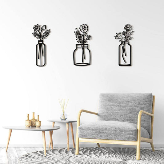 3 Pack 7.2 In. X17 In. Black Metal Work for Living Room Cafe Bookstore, Line Wall Art Decor, Wire Vase Wall Sculptures