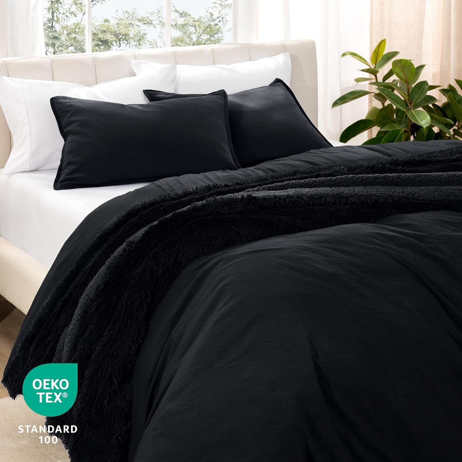 Microfiber Duvet Cover Set - Ultra Soft Washed Microfiber - Oversized Queen Size - Linen-Like Look - Easy Care - Breathable Fabric - Our Softest Duvet Cover Set (Oversized Queen, Black)