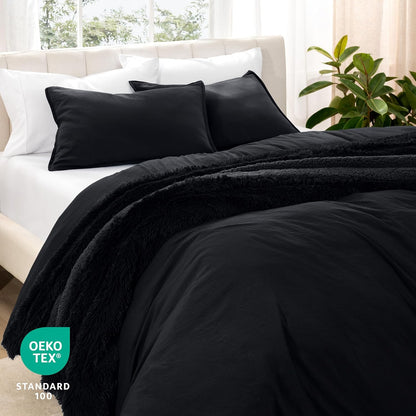 Microfiber Duvet Cover Set - Ultra Soft Washed Microfiber - Oversized Queen Size - Linen-Like Look - Easy Care - Breathable Fabric - Our Softest Duvet Cover Set (Oversized Queen, Black)