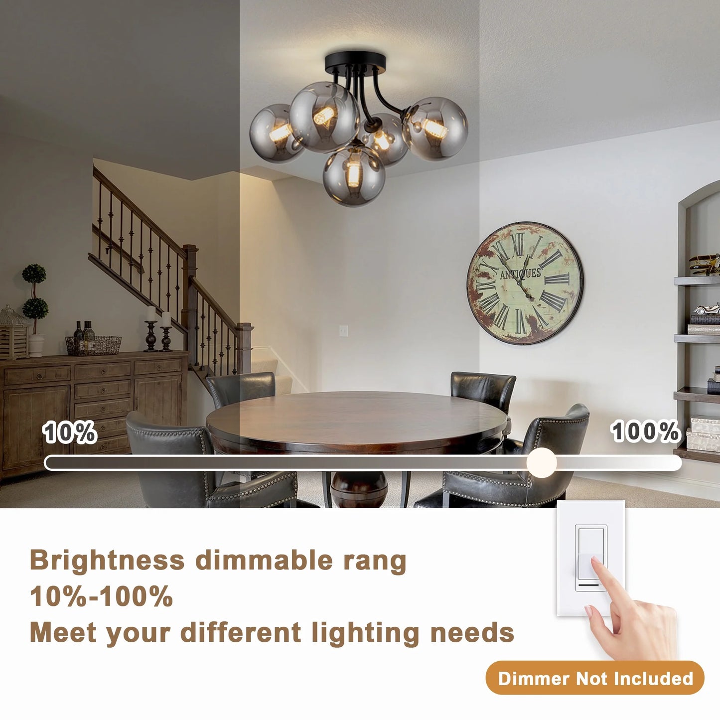 Modern Ceiling Light 5-Light Sputnik Ceiling Light Fixture with Smoke Grey Glass Globe Semi Flush Mount Ceiling Light for Hallway Kitchen Bathroom Black 15 Inch