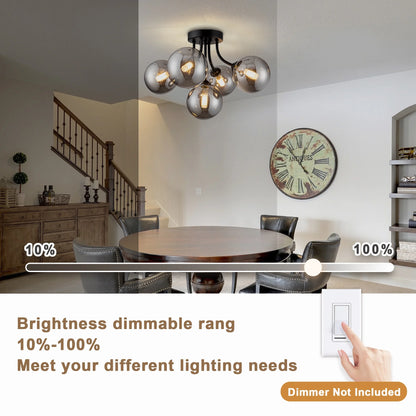 Modern Ceiling Light 5-Light Sputnik Ceiling Light Fixture with Smoke Grey Glass Globe Semi Flush Mount Ceiling Light for Hallway Kitchen Bathroom Black 15 Inch