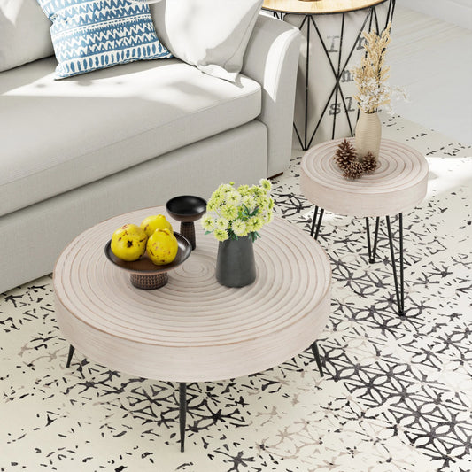 Rustic Handmade Ring Pattern MDF and Metal Coffee Table, White